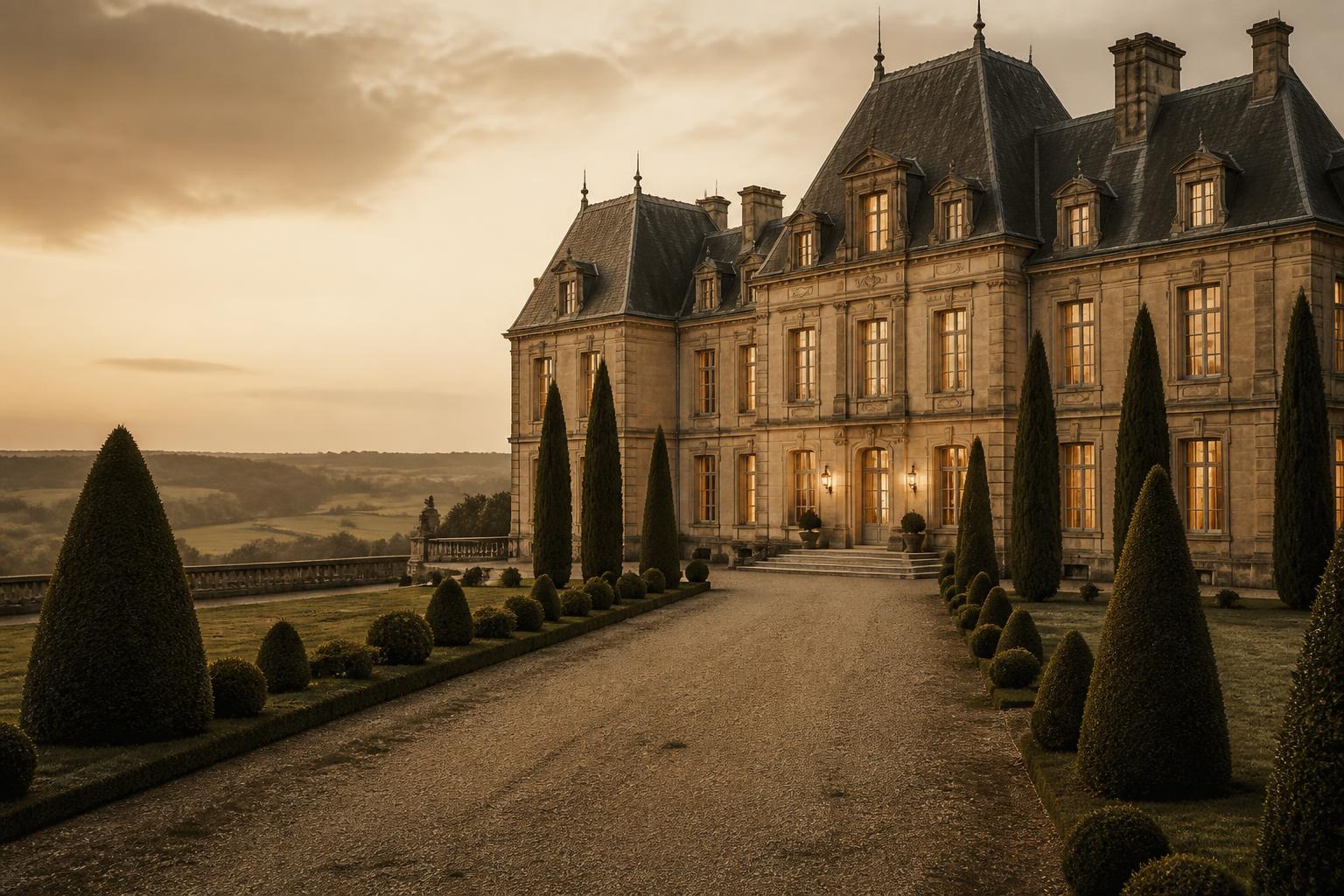 A boutique European hotel at dusk